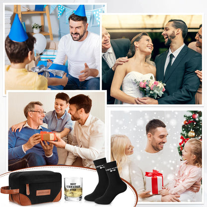 Honeydak 3 Pack Godfather Gift Set for Men Includes Whiskey Glass Funny Godfather Socks and Toiletry Bag with Leather Patch Birthday Proposal Gift from Godchild