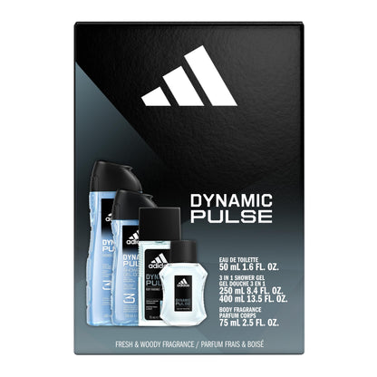 Adidas Dynamic Pulse Aftershave Giftset - 1.6 fl oz EDT + 2.5 fl oz + 8.4 fl oz + 13.5 fl oz Shower Gel, Notes of Mint, Apple, and Wood, Men's Fragrance, Long Lasting, Sporty