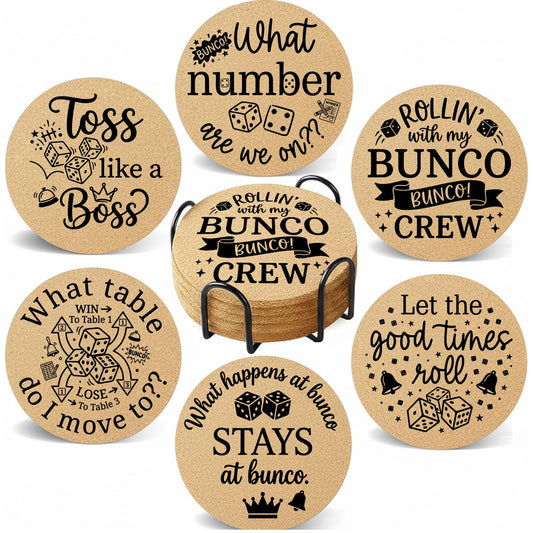 Bunco Coasters Set of 6 with Holder, Funny Bunco Game Cork Drink Coasters for Bunco Night Party, Bunco Gifts Table Decor for Game Players