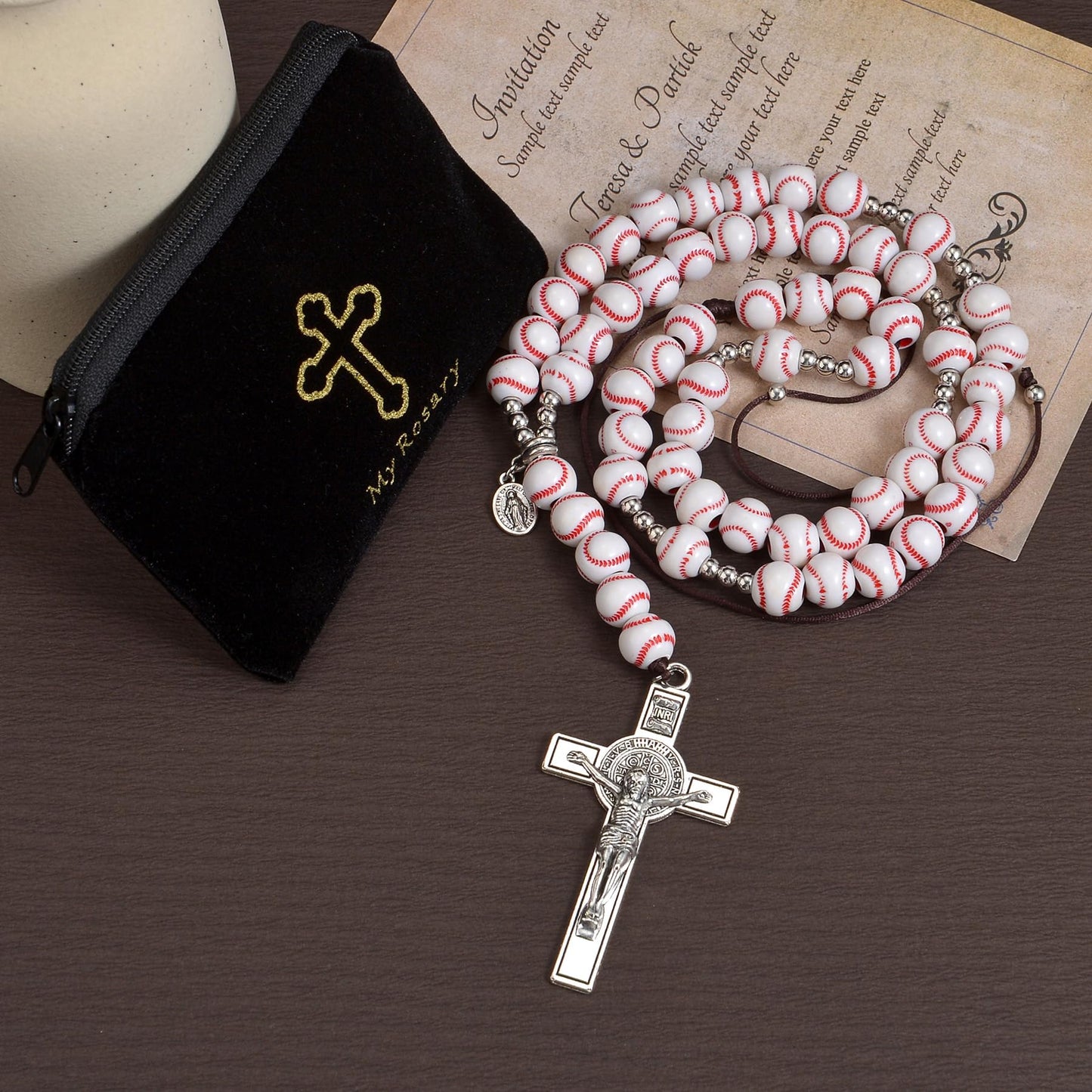 Basketball Bead Sports Necklace Catholic Rosary with Crucifix Cross Pendant Baptism Birthday Gift for Men Boys in Customized Velvet Bag