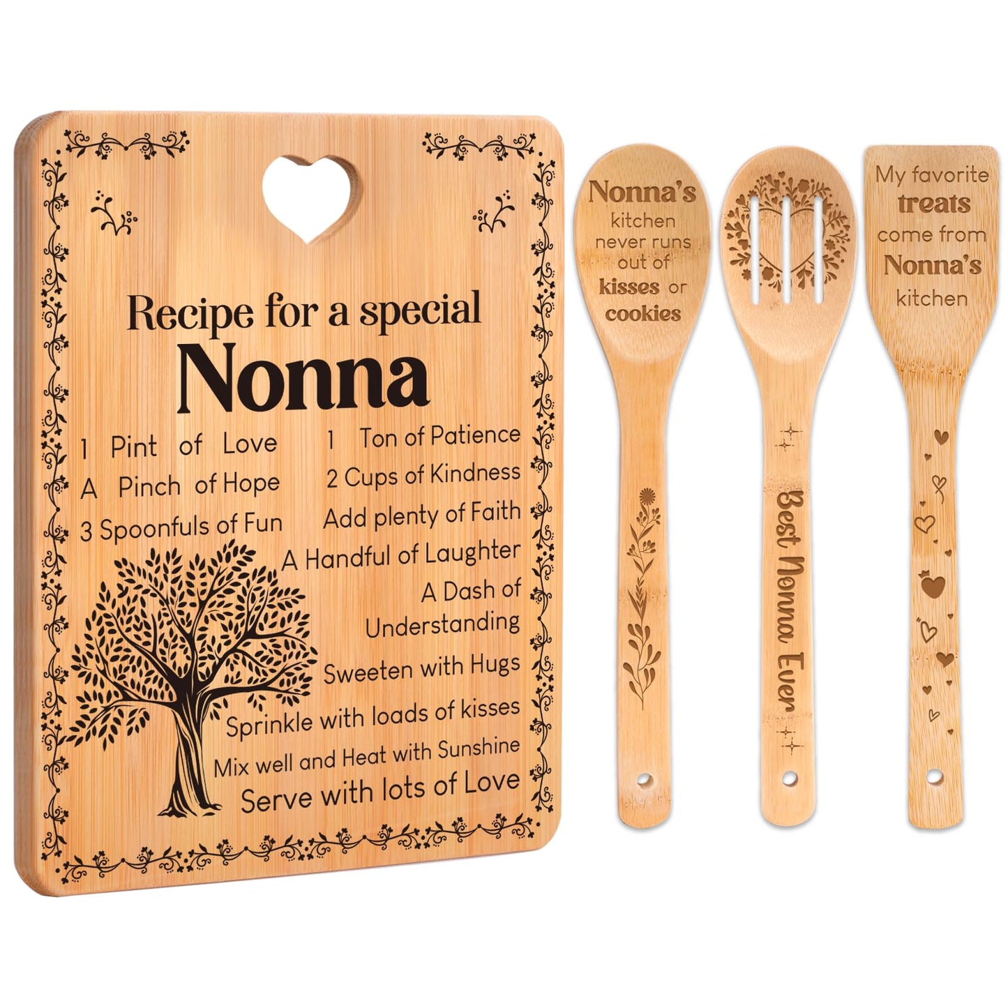 Nonna Gifts - "Recipe for a Special Nonna" Gifts for Nonna Cutting Board Set, Bamboo-Made Engraved Utensil Set Nonna Gifts for Grandma Cutting Board, Mothers Day Gifts for Nonna.