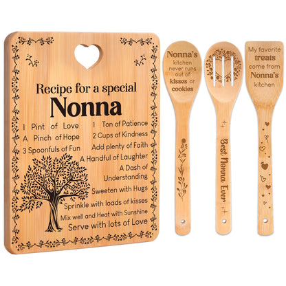 Nonna Gifts - "Recipe for a Special Nonna" Gifts for Nonna Cutting Board Set, Bamboo-Made Engraved Utensil Set Nonna Gifts for Grandma Cutting Board, Mothers Day Gifts for Nonna.