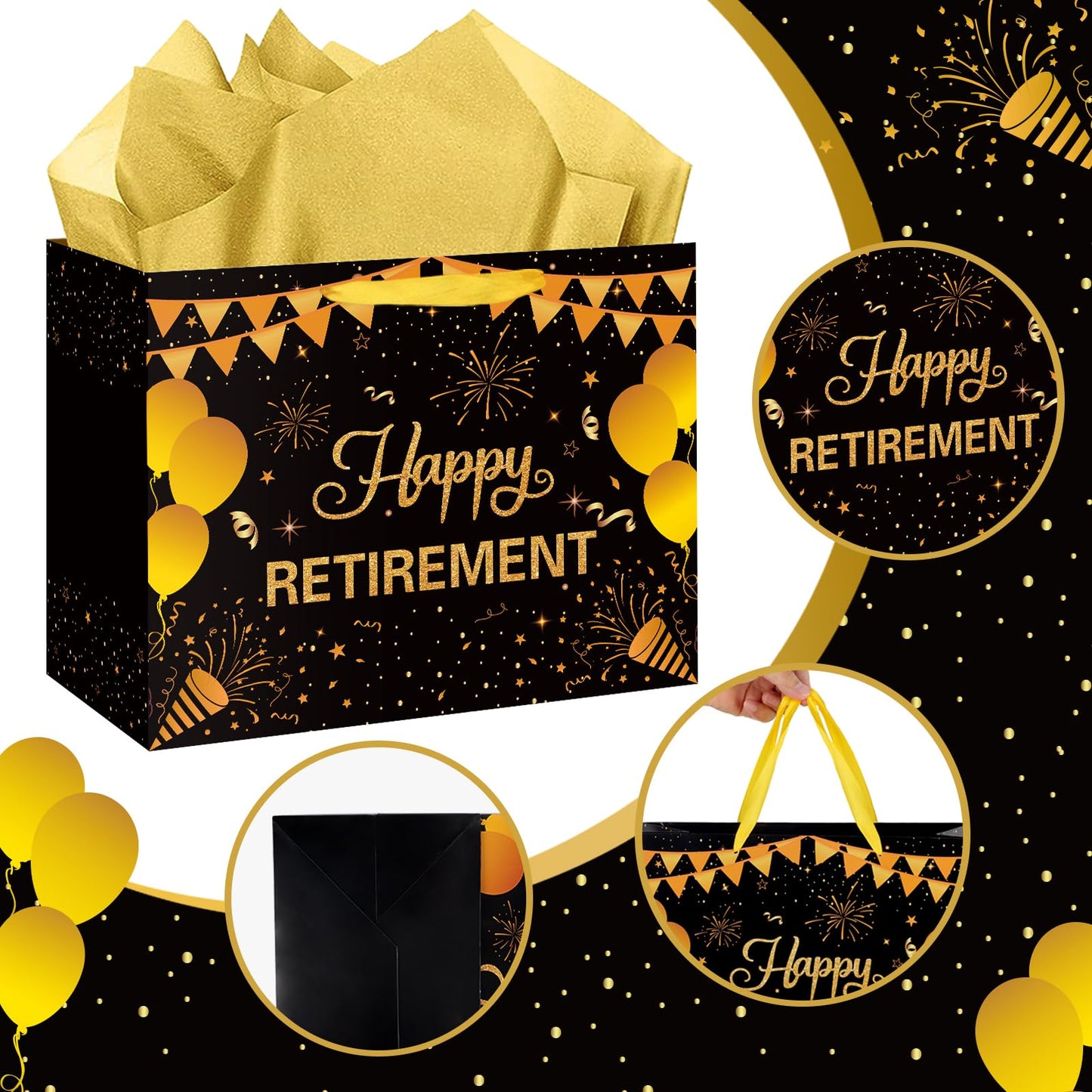Abilat Happy Retirement Gift Bag with Tissue Paper and Greeting Card Large Black Gold Retirement Party Favor Wrapping Bag for Men Women Coworkers Farewell Going Away Party Supplies