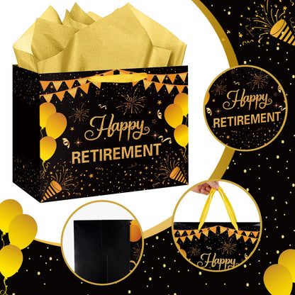 Abilat Happy Retirement Gift Bag with Tissue Paper and Greeting Card Large Black Gold Retirement Party Favor Wrapping Bag for Men Women Coworkers Farewell Going Away Party Supplies
