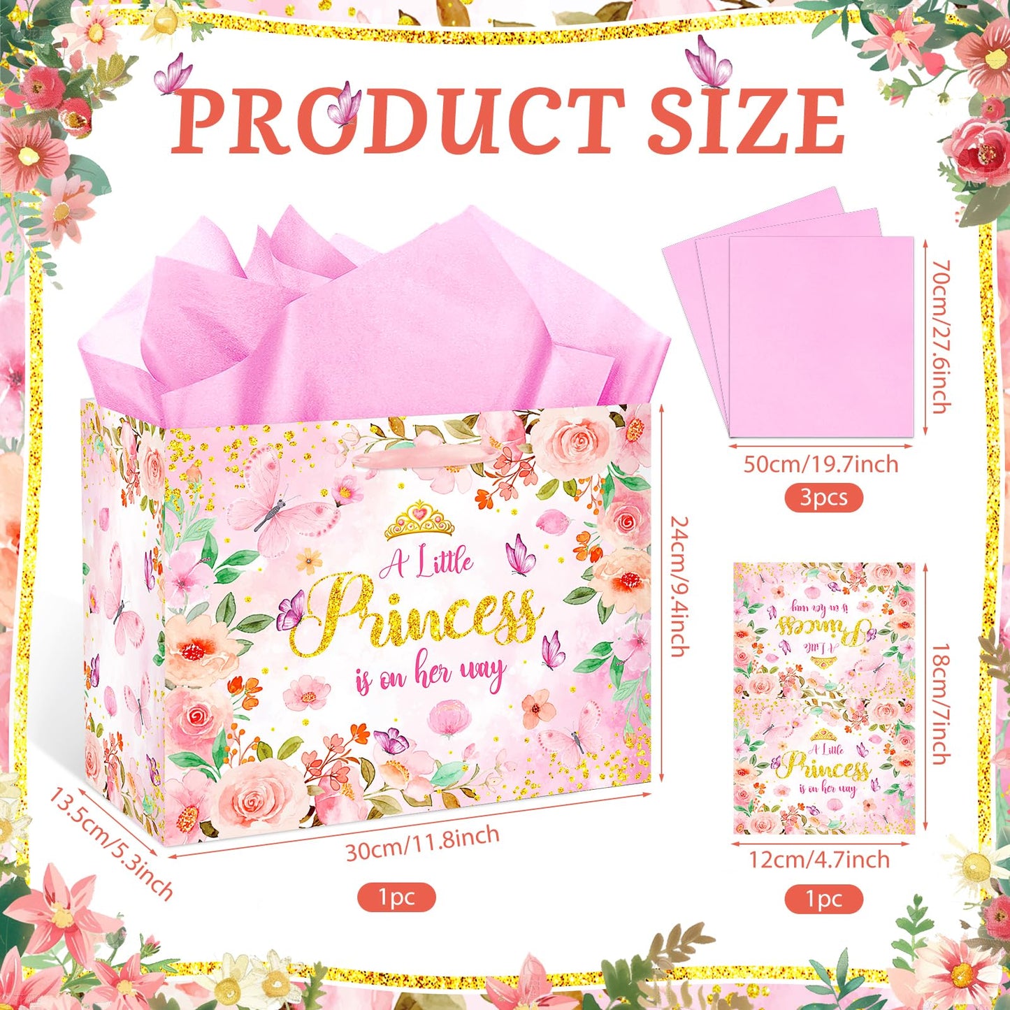 Princess Baby Shower Birthday Gift Bag for Baby Girls A Little Princess is On Her Way Bag with Wrapping Paper Card Pink Rose Gold Flowers Gift Bag for Princess Baby Shower Birthday Party Supplies