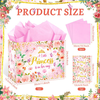 Princess Baby Shower Birthday Gift Bag for Baby Girls A Little Princess is On Her Way Bag with Wrapping Paper Card Pink Rose Gold Flowers Gift Bag for Princess Baby Shower Birthday Party Supplies