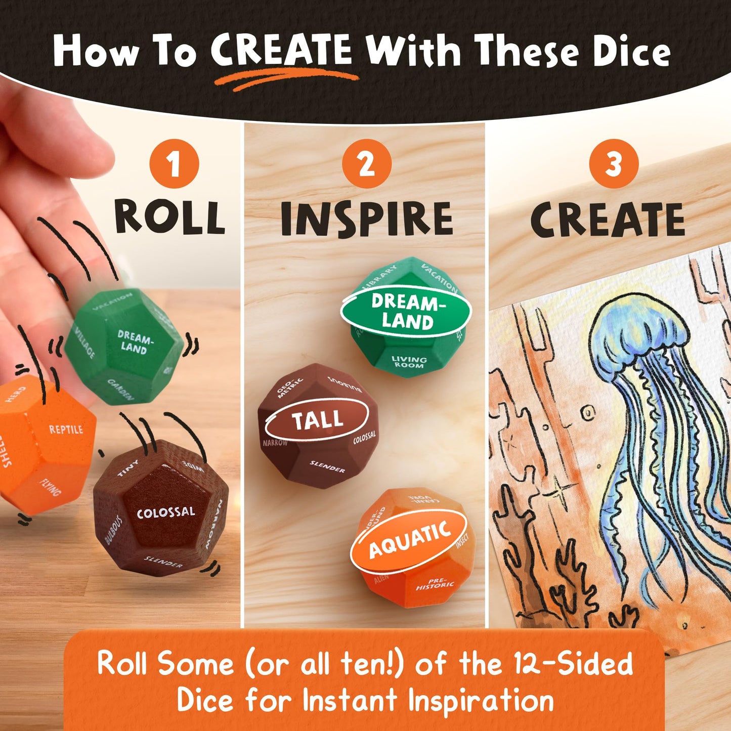 Art Dice – 12-Sided Wooden Dice with 120 Prompts to Help You Decide What to Draw or Paint – Creative Playbook with Games and Activities – Fun, Inspiring Gift for Artists of All Levels