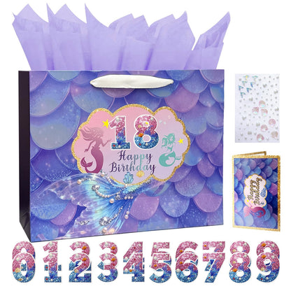 Fieoriia Birthday Gift Bags | Mermaid-themed gift bags with handles; includes cards, tissue paper, face decorations, and stickers. Suitable party supplies for women and girls aged 1-100. 1 pack