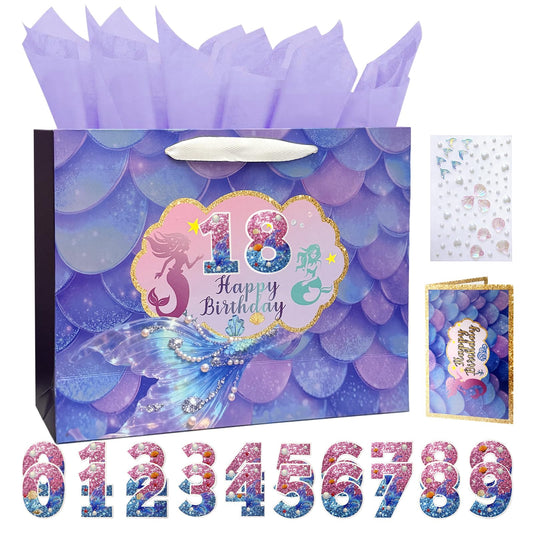 Fieoriia Birthday Gift Bags | Mermaid-themed gift bags with handles; includes cards, tissue paper, face decorations, and stickers. Suitable party supplies for women and girls aged 1-100. 1 pack