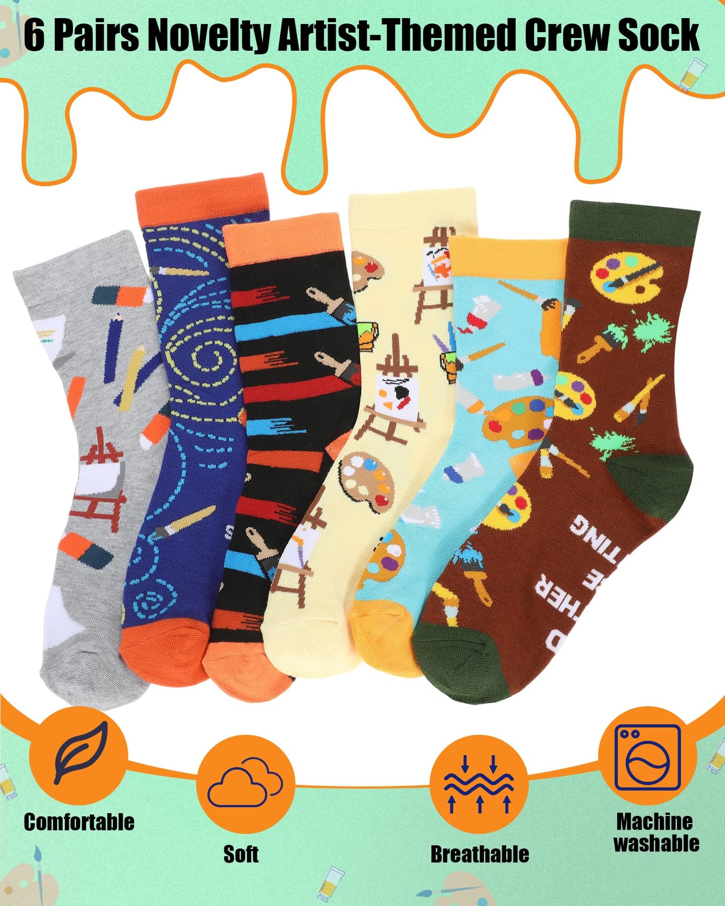 Berlune 6 Pairs Artist Socks for Women Men Funny Painting Crew Socks, Novelty Art Gifts for Painters, Art Teachers, Students