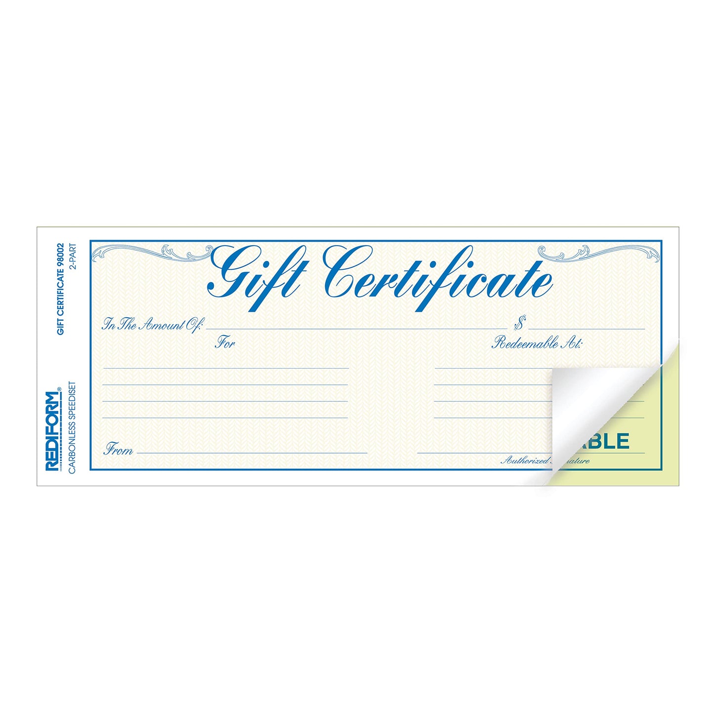 Rediform Gift Certificate Pack, 25 Duplicates with Envelopes, 3.625" x 9.5", Numbered, Blue/Gold (98002)