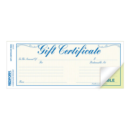 Rediform Gift Certificate Pack, 25 Duplicates with Envelopes, 3.625" x 9.5", Numbered, Blue/Gold (98002)