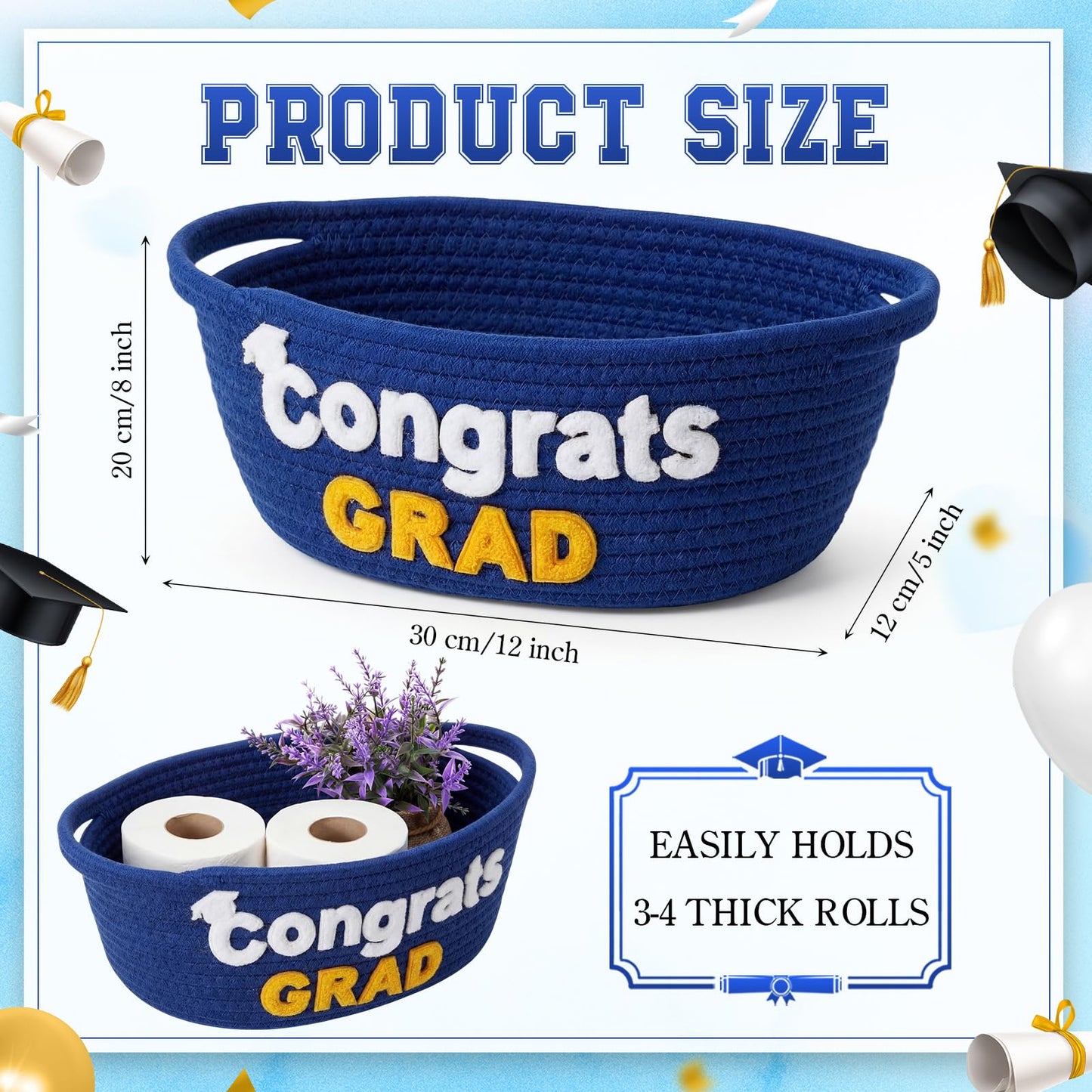 Yungyan Class of 2026 Graduation Gift Basket Empty, Small Cute Woven Rope Basket with Congrats Grad Words 12 x 8 x 5 Inch Decorative Graduation Gift Storage Baskets for College, University, PHD(Blue)