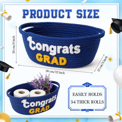Yungyan Class of 2026 Graduation Gift Basket Empty, Small Cute Woven Rope Basket with Congrats Grad Words 12 x 8 x 5 Inch Decorative Graduation Gift Storage Baskets for College, University, PHD(Blue)