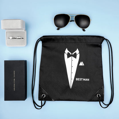 Shappy 7 Pack 9 x 9.9 Inches Groomsmen Gifts Bags for Wedding Party Favor Bags with Drawstring Black Bachelor Present Set for Groomsman Proposal Father's Birthday Anniversary Boss Party Supplies