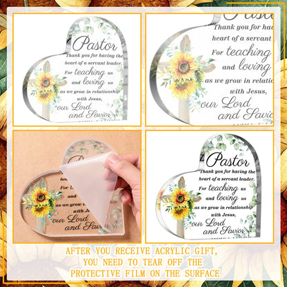 Gerrii Pastor Appreciation Gifts Christian Plaques Decoration for Pastor's Day Church Clergy Keepsakes Thank You Gift Acrylic Heart Plaque Decor Religious Spiritual Retirement Keepsake(Sunflower)