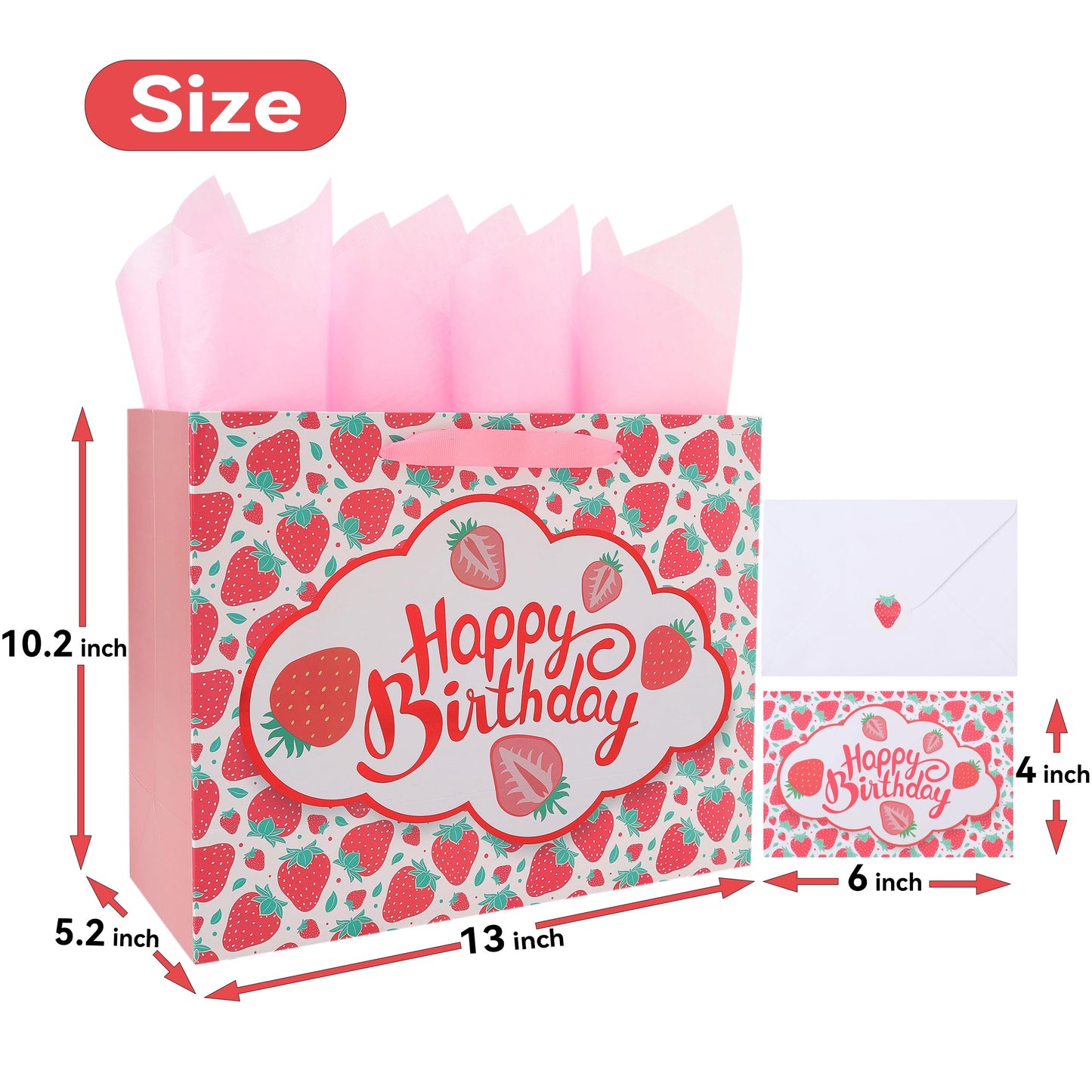 wishinside 13” Large Strawberry Happy Birthday Gift Bag Set with Handles, Greeting Card, Tissue Papers and Stickers for Girls Kids Teens Women, Cute Fruit Themed Birthday Design, 1 Pcs