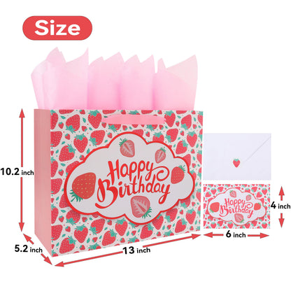 wishinside 13” Large Strawberry Happy Birthday Gift Bag Set with Handles, Greeting Card, Tissue Papers and Stickers for Girls Kids Teens Women, Cute Fruit Themed Birthday Design, 1 Pcs