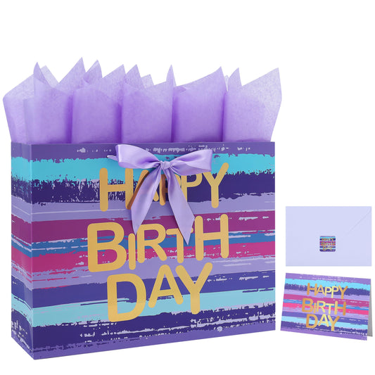 16.5” Extra Large Purple-blue Multicolor Watercolor Gift Bag Set with Greeting Card and Lavender Tissue Papers (Gold Foil ‘Happy Birthday’) for Women's or Men's Birthday Party, Girls', Boys' or Kids' Party, Baby Girl or Boy -16.5”x5.5”x12.6”,1 Pcs.