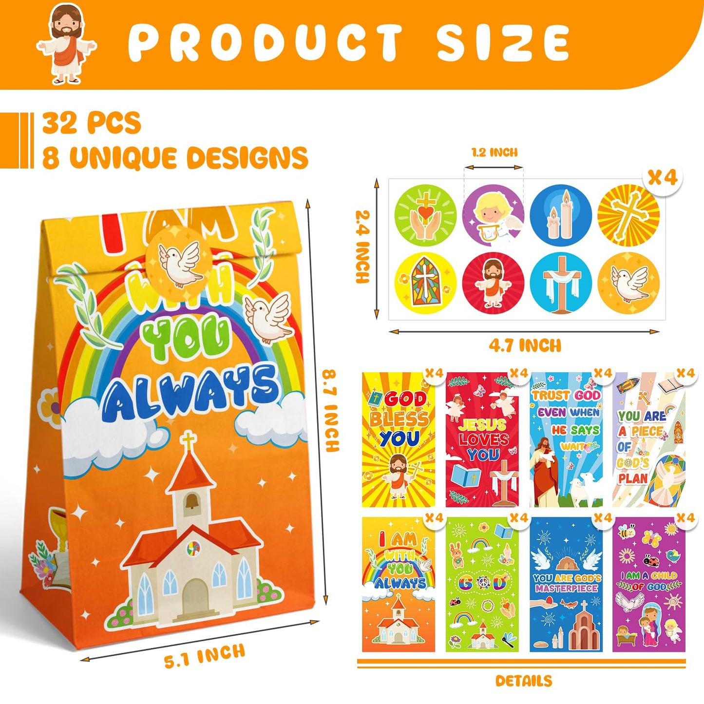 Elunpoe 32 Pack Christian Gift Bags, Bible wrap with Inspirational Stickers, Religious Goodie Bags, Sunday School Church Events Favor Paper Bag, Classroom Activities Decor, Faith Treat wrap for people Easter Christmas Baptism, 4.7" x 3.1" x 8.6"