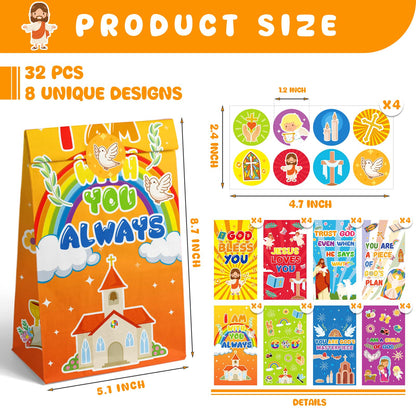 Elunpoe 32 Pack Christian Gift Bags, Bible wrap with Inspirational Stickers, Religious Goodie Bags, Sunday School Church Events Favor Paper Bag, Classroom Activities Decor, Faith Treat wrap for people Easter Christmas Baptism, 4.7" x 3.1" x 8.6"