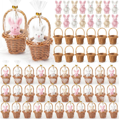 Seenelling 24 Set/ 72 Pcs Easter Gifts Bulk, Mini Easter Bunny Plush with Mini Wicker Basket, 2.4 in Stuffed Rabbit with 3.1 in Woven Basket, Bunny Party Favor, Team Appreciation Gift