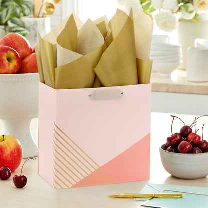Hallmark Signature Studio 7" Medium Square Gift Bag with Tissue Paper (Coral, Blush Pink, Gold Stripes) for Valentine's Day, Birthdays, Mother's Day, Bridal Showers, Weddings, Baby Showers and More