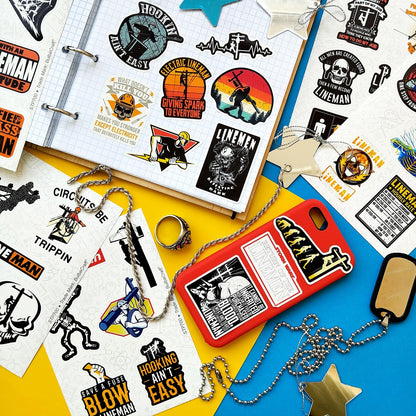 BulbaCraft 100Pcs Lineman Stickers for Hard Hats, Lineman Hard Hat Stickers, Line Worker Vinyl Decals - Line Worker Gifts for Men, Field Technician Party Decorations, Gifts for Women & Men