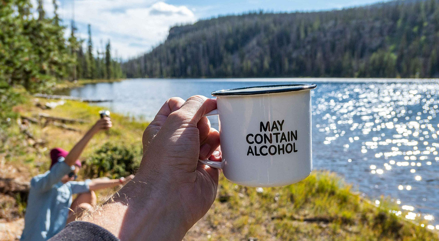 MAY CONTAIN ALCOHOL | Enamel"Coffee" Mug | Sarcastic Gift for Vodka, Gin, Bourbon, Wine and Beer Lovers | Great Office or Camping Cup for Dads, Moms, Campers, Tailgaters, Drinkers, and Travelers