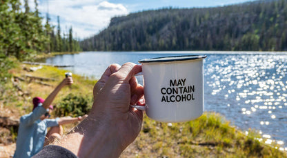 MAY CONTAIN ALCOHOL | Enamel"Coffee" Mug | Sarcastic Gift for Vodka, Gin, Bourbon, Wine and Beer Lovers | Great Office or Camping Cup for Dads, Moms, Campers, Tailgaters, Drinkers, and Travelers