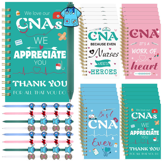 Eaasty 24 Set CNA Appreciation Gifts Colorful Graduation Gifts Including Spiral Notebook Funny Ballpoint Pens for CNA Week Nurse Day Graduation Doctor Party Gift Supplies, 3.5 x 5.5 in