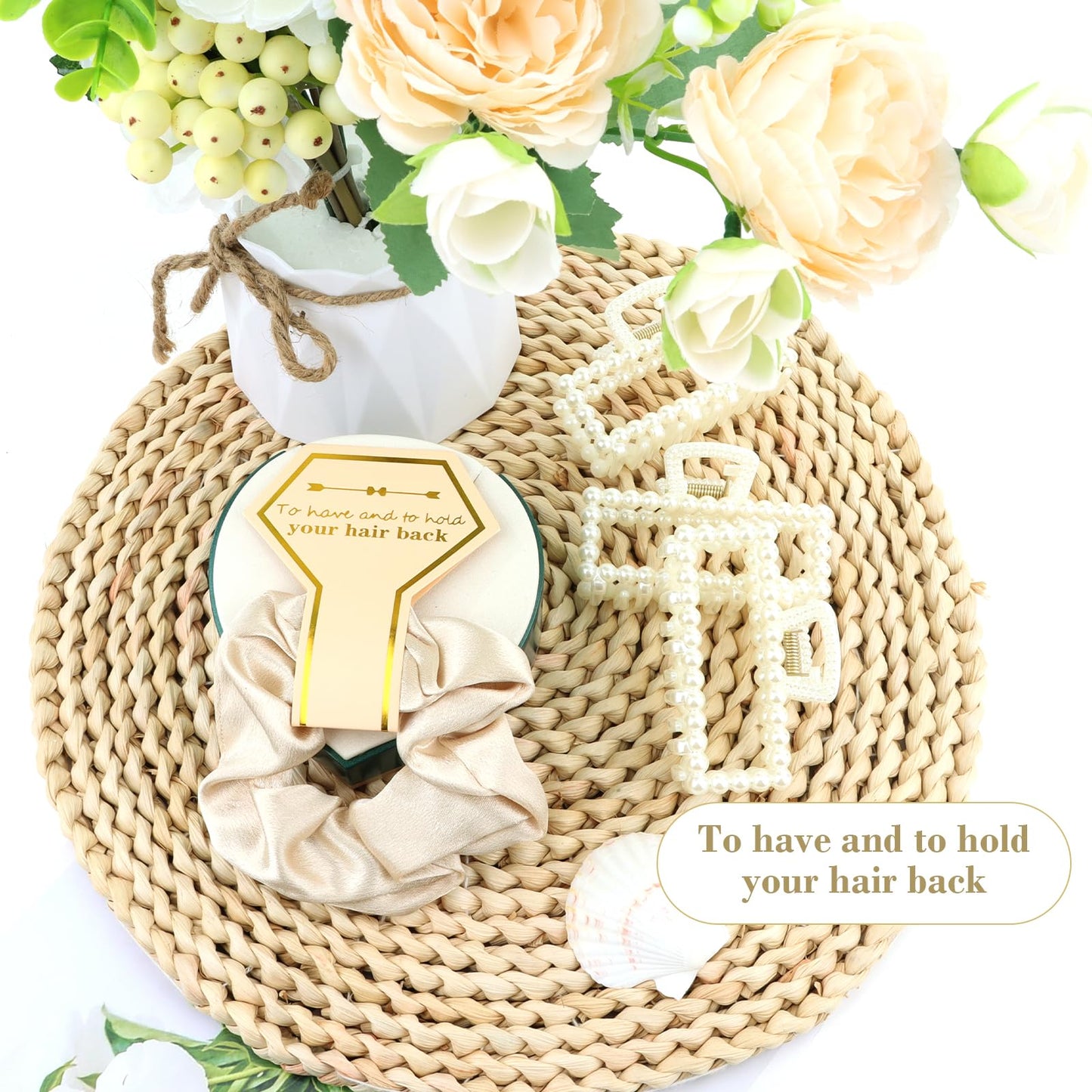 Bridesmaid Proposal Gifts, 12 PCS Bridesmaids Silk Hair Scrunchies & Pearl Hair Clips Set for Women Bachelorette Party Favors Bridal Shower Favors Bridesmaids Gifts for Wedding Day (Champagne Gold)