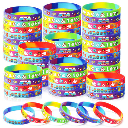24 Pcs 60's Hippy Retro Groovy Silicone Bracelets Wristbands Party Decoration Peace Love 60's Hippy Favor for 60s Hippie Groovy Party Supplies