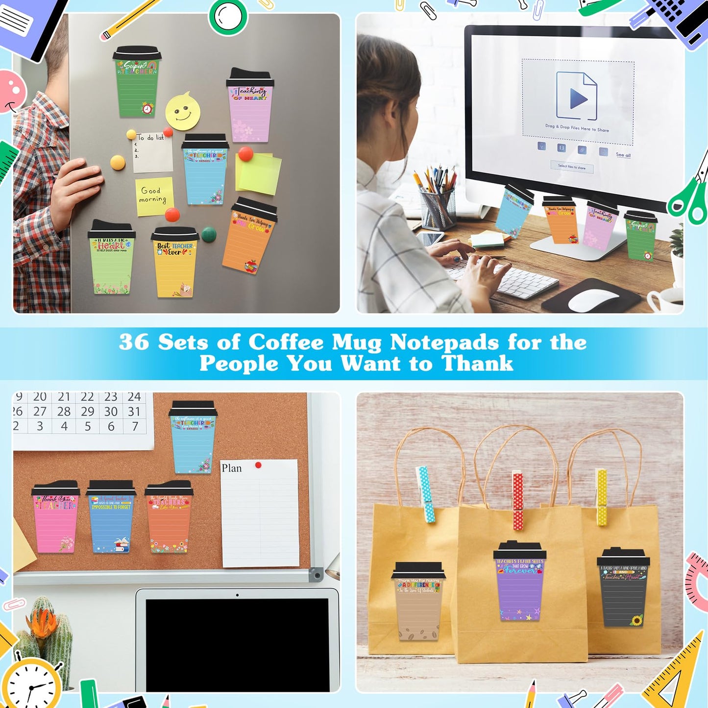 Mkway 24 Set Teacher Appreciation Gifts Bulk - 24 Coffee Cup Notepad+ 24 Ballpoint Pens+ 24 Drawstring Gift Bags, Bulk Gifts for School Office Christmas Teacher's Day Coworker Nurse Employee