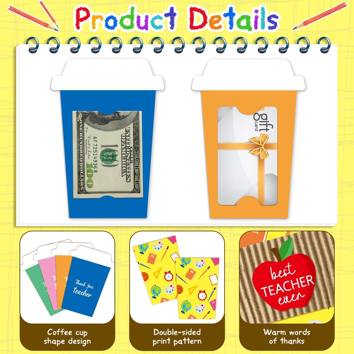 ANGOLIO 12 Teacher Appreciation Coffee Gift Card Holders, Practical Teachers's Day Cup Envelopes are well-made for a Note Cash, Unique Thank You Greeting Cards for Educators Graduations Back to School