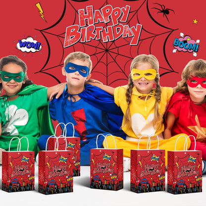 Denwiller 24 Pcs Red Spider Birthday Party Favor Bags with Handles, Happy Spider Candy Goodie Bags Red Gift Treat Wrapping for Boy’s Birthday Cartoon Party Supplies