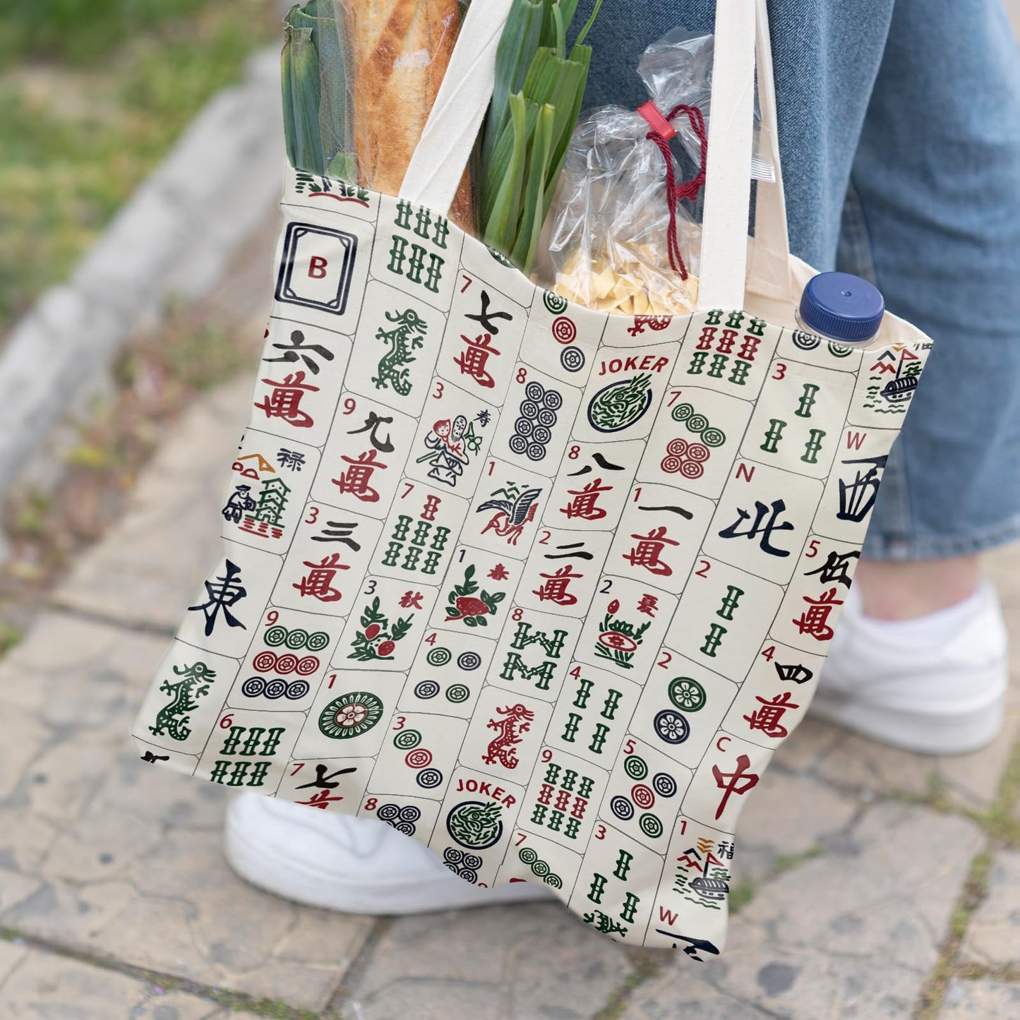 Retro Canvas Tote Bags for Women, Mahjong Gifts, Gifts for Mahjong Lovers