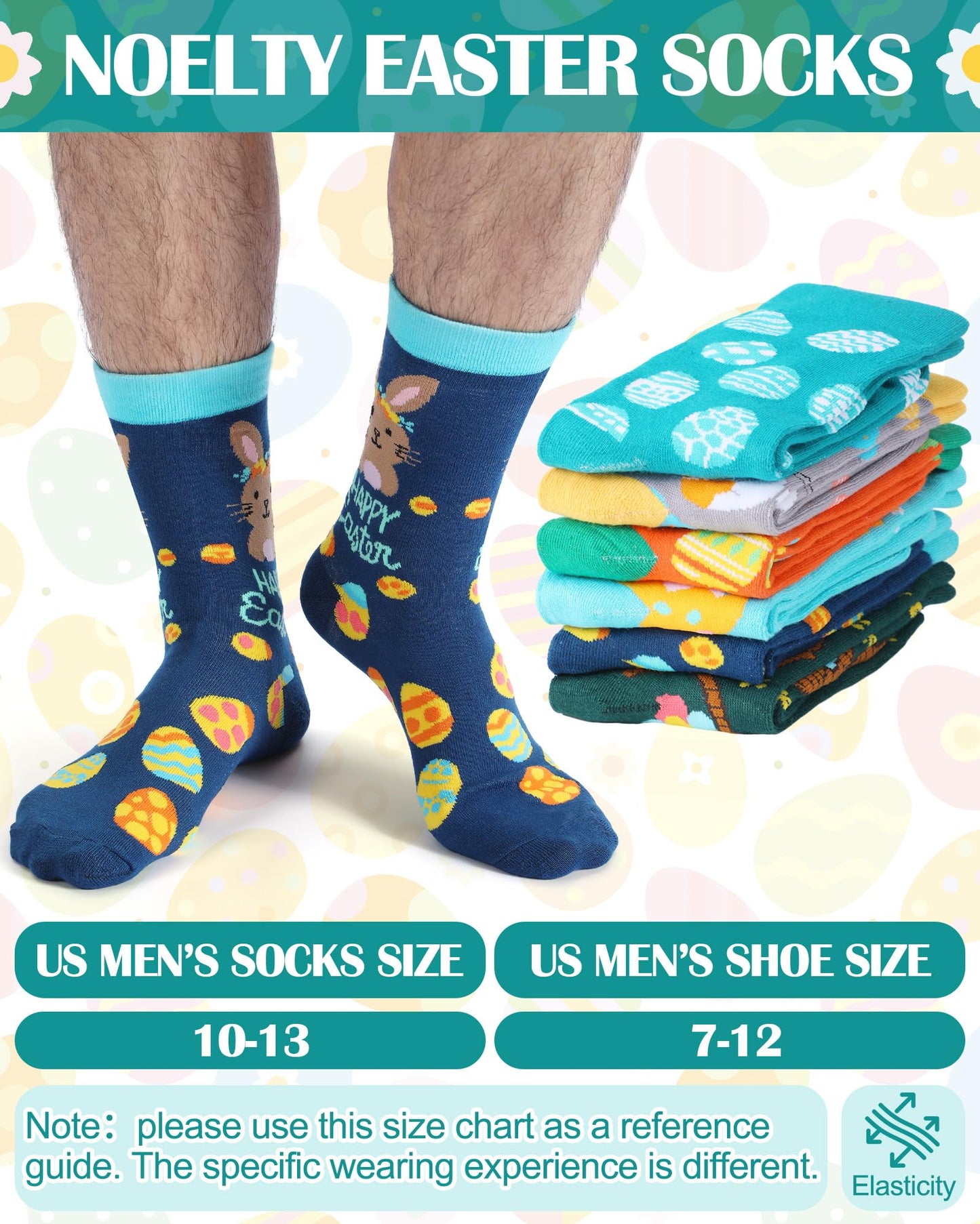 Eurzom 6 Pairs Funny Men's Easter Socks Bunny Eggs Pattern Crew Socks Spring Easter Basket Stuffers Gifts Size 7-12