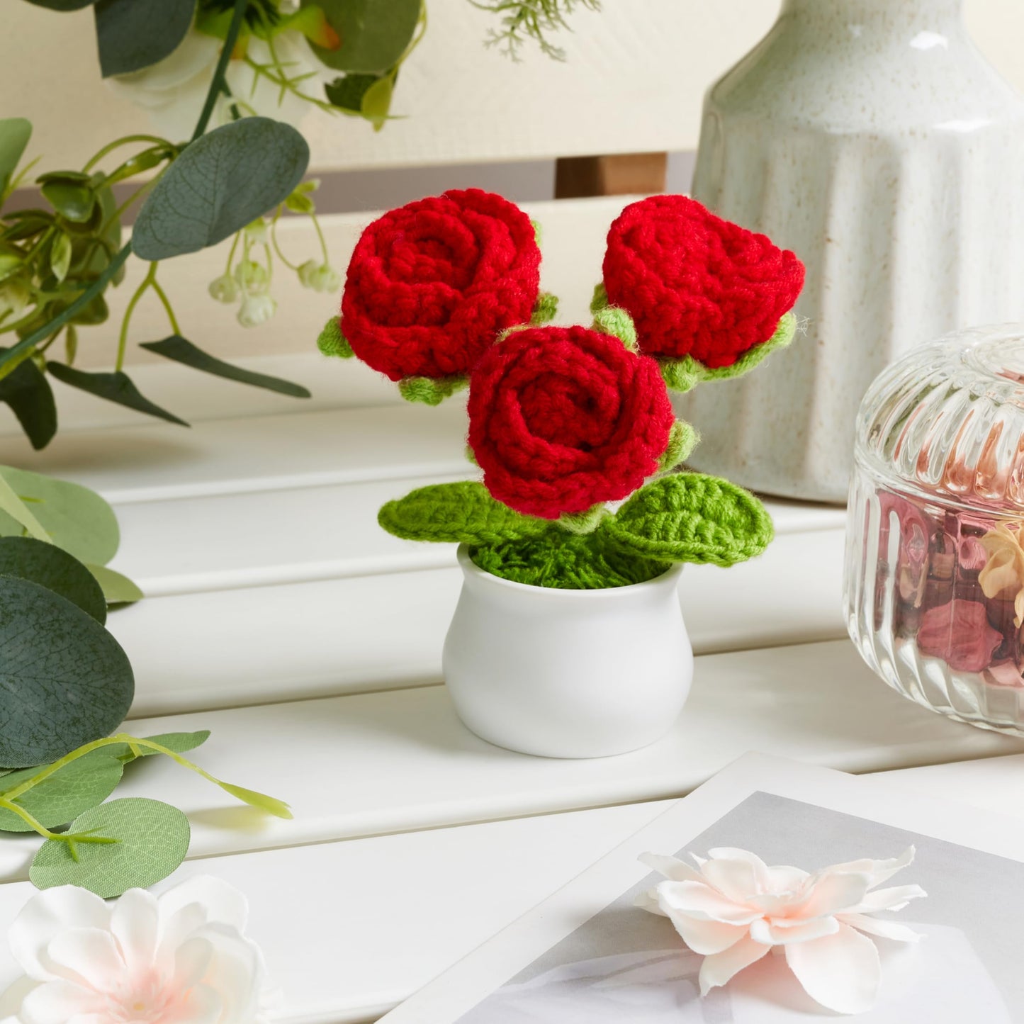 LAIDANLA Crochet Flowers Red Roses Mini Potted, Handmade Red Rose Anniversary Appreciation Birthday Gifts for Women Teacher Lover Mom Friend Knitted Flower for Desk Car Dashboard