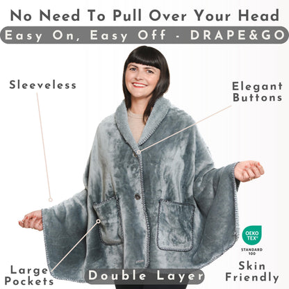 EzrAllora Premium Double Layer Poncho Blanket - No Sleeves Easy On Easy Off- Drape and Go- 2 pockets - Gifts for Grandma (Silver Grey)