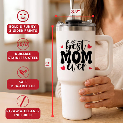 Mothers Day Gifts For Mom - Best Mom Ever Tumbler With Handle 40oz, Mommy Coffee Mug, Mama Tumblers, Momma Gift Ideas from Kids, Daughter, Son, Funny Birthday Present For Her, Mother Day Gift Tumbler