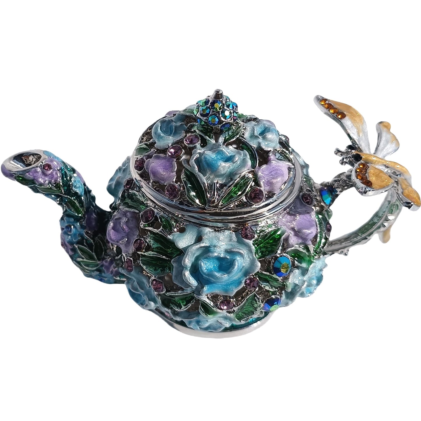 Enamel Teapot Trinket Box Hand-Painted Metal Vintage Jewelry Organizer Unique Ring Holder & Collectible Ornament Purple-Blue