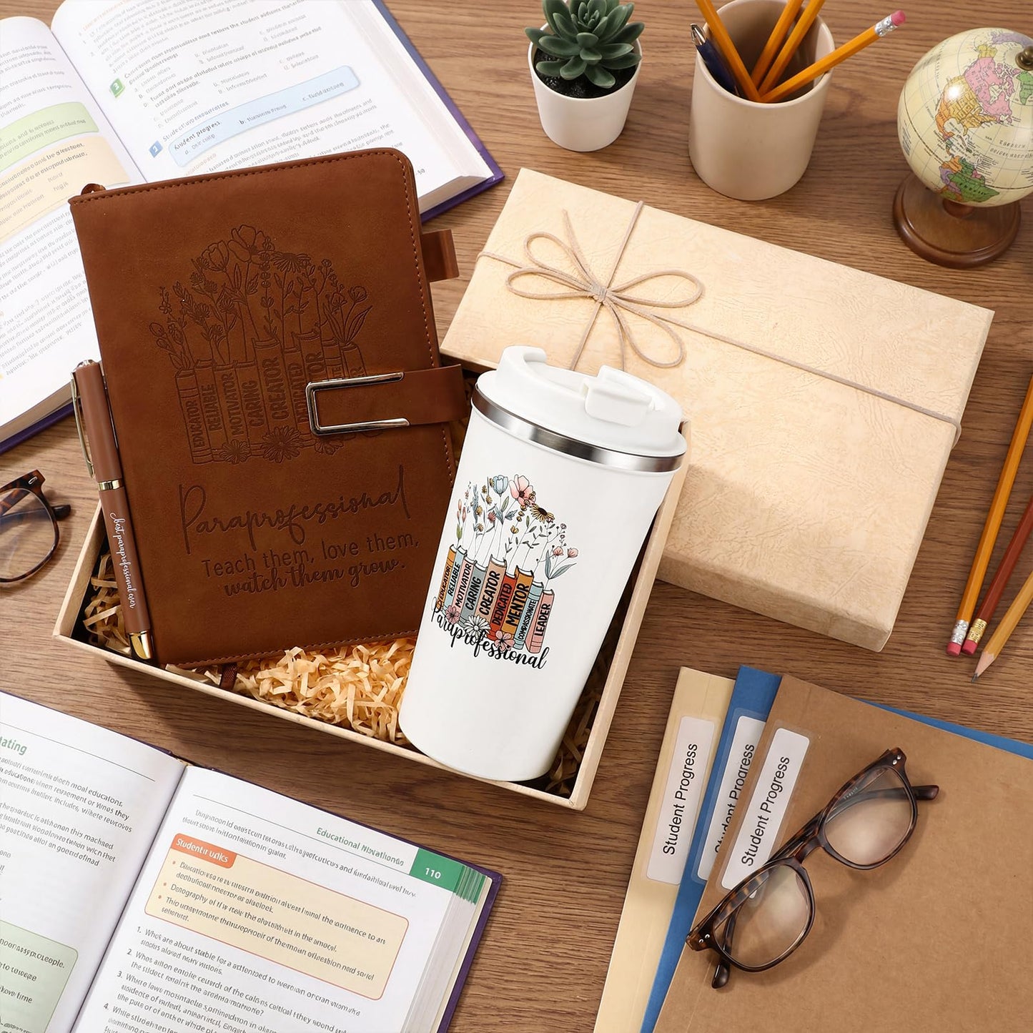 Pickmesh 3 Pcs Paraprofessional Appreciation Gifts Set Paras Gift 17 oz Coffee Tumbler A5 Leather Notebook Journal Pen for Teacher Assistant Administrative Professional Day