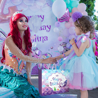 CIEHER Birthday Gift Bags for Girls with Mermaid Greeting Card and Purple Tissue Papers for Birthday Gifts - Mermaid Pattern