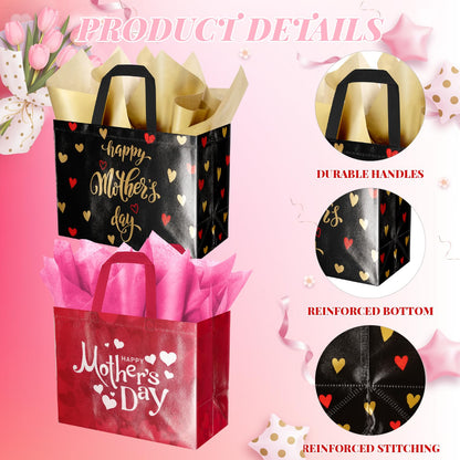 ysmile 2 Pack Mother’s Day Gift Bags with Tissue Paper & Cards – Reusable Non-Woven Gift Totes for Mom, Grandma, Grandmother (12.6", Pink & Black Gold)