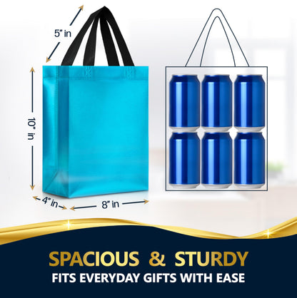 Nush Nush Aqua Blue Gift Bags Medium Size – Set of 12 Light Blue Reusable Gift Bags With Handles - Teal Party Bags in Bulk, Turquoise Goodie, Party Favor, Goody, Birthday – 8Wx4Dx10H