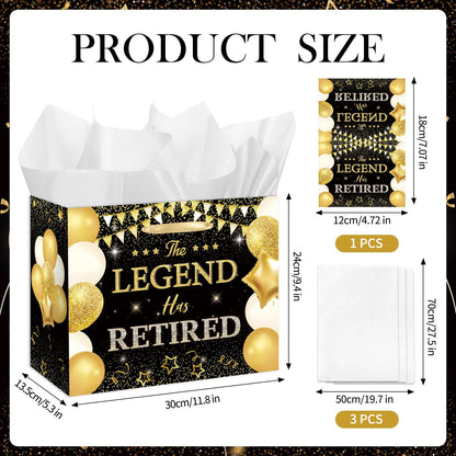 HSKMAKE Black Gold Retirement Gift Bag The Legend Has Retired Large Gift Bag with Greeting Card Gold Tissue Paper for Women Men Coworker Farewell Going Away Party Favors Decorations Supplies