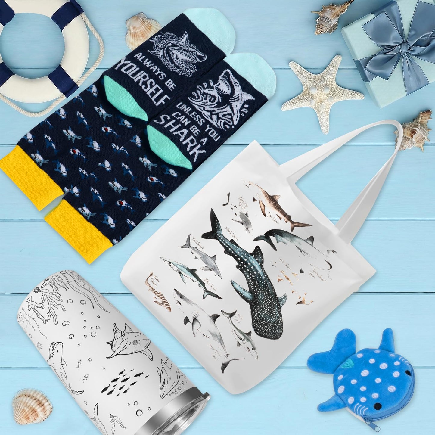 Shark Gifts for Women, 9 Pcs Shark Lovers Gift for Girls Including Tumbler Tote bag Makeup Bag Shark Coin Purse Socks Notepad Keychain Gift Card for Christmas Birthday Mothers Day