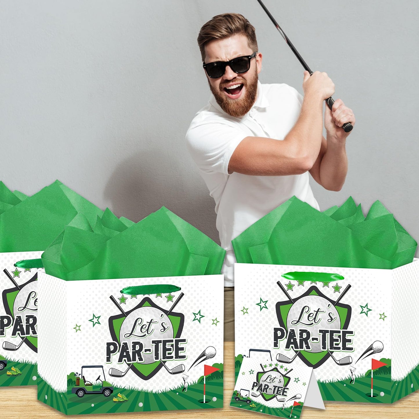 LOYUJI Large Golf Birthday Gift Bag, Green Golf Themed Gift Bag with Tissue Paper and Card, Sports Party Decorations for Men, Boys, Baby Showers, Birthday Party Favor Supplies