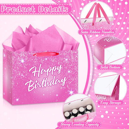 Shiny Pink Birthday Gift Bag for Lady Girls Large Hot Pink Happy Birthday Gift Bag with Tissue Paper and Card Disco Shining Stars Goodie Wrapping Bag for Women Bday Anniversary Party Supplies